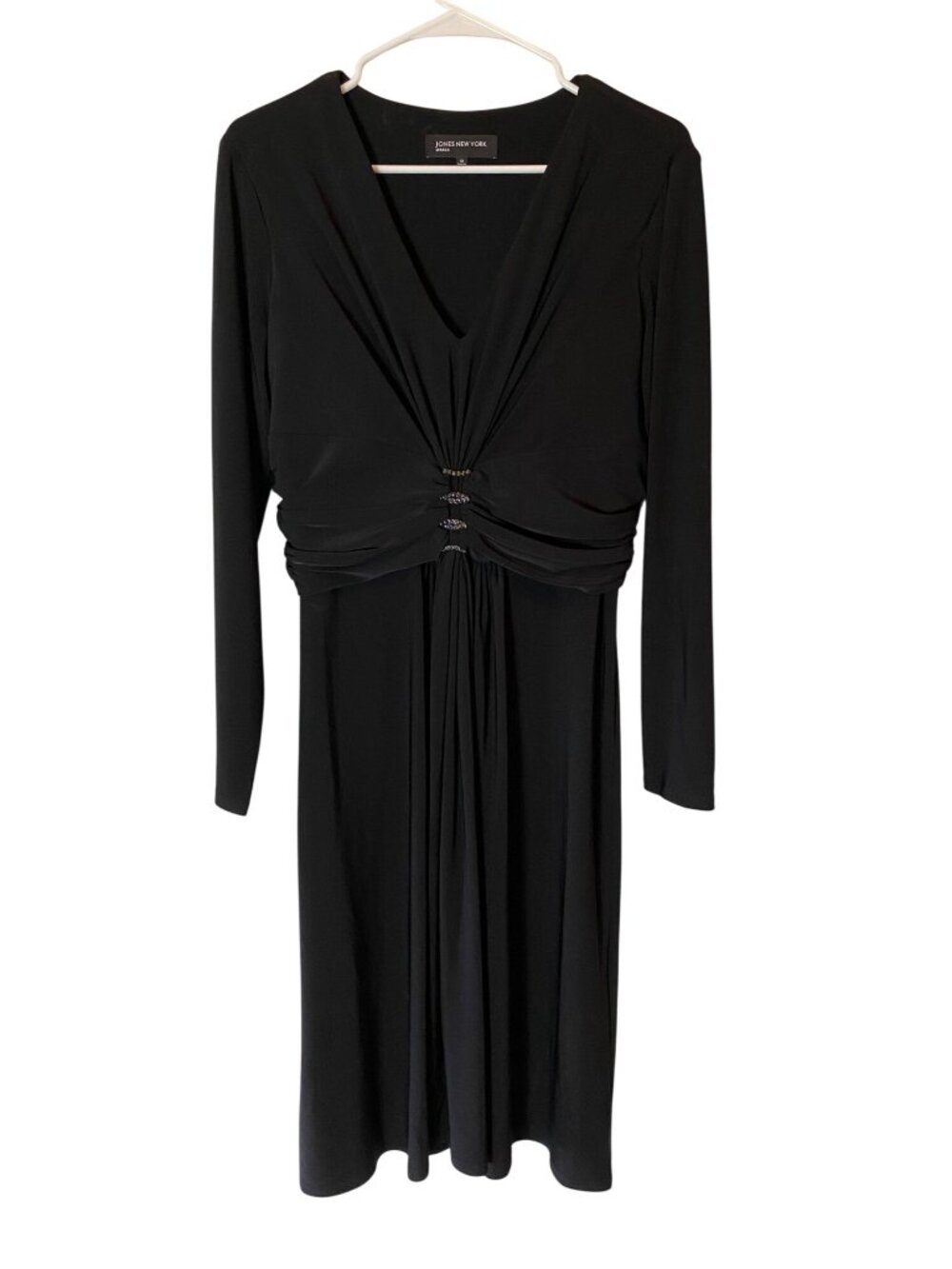 Jones New York Black Long Sleeve Dress Rhinestone Embellished Waist Size 12